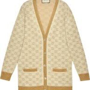 Gucci Gold Lurex Interlocking G Long Sleeve V-Neck Cardigan Size Small
